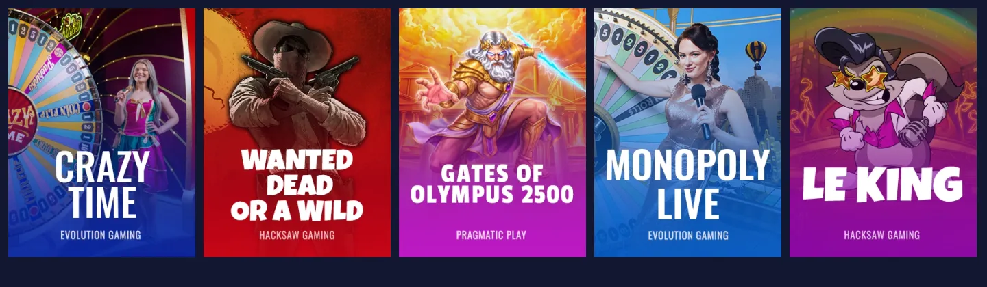 Duel – baner kasyna: okładki gier Crazy Time, Wanted Dead or a Wild, Gates of Olympus 2500, Monopoly Live, Le King z lobby duel.com